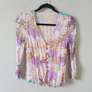 Y2K Crinkled Top Size Large Sheer Floral Lace Button Down Korean Brand Blu:Pepe